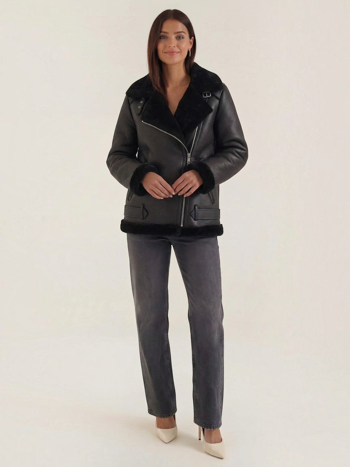 Christine Bikerjacke mit Teddyfell-Kragen