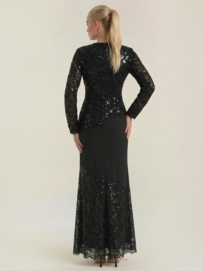Elise Robe Longue À Paillettes Et Dentelle