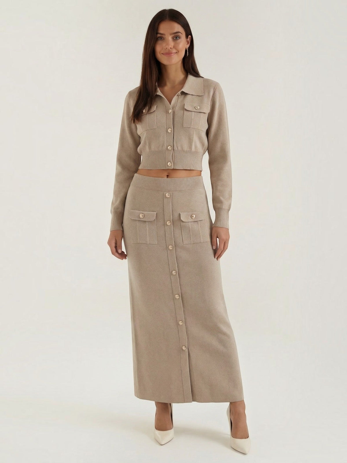 Evelyn Ensemble En Maille Avec Veste Et Jupe Longue
