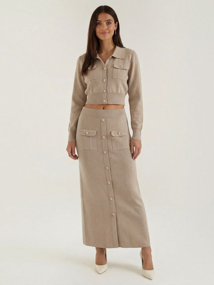 Evelyn Ensemble En Maille Avec Veste Et Jupe Longue