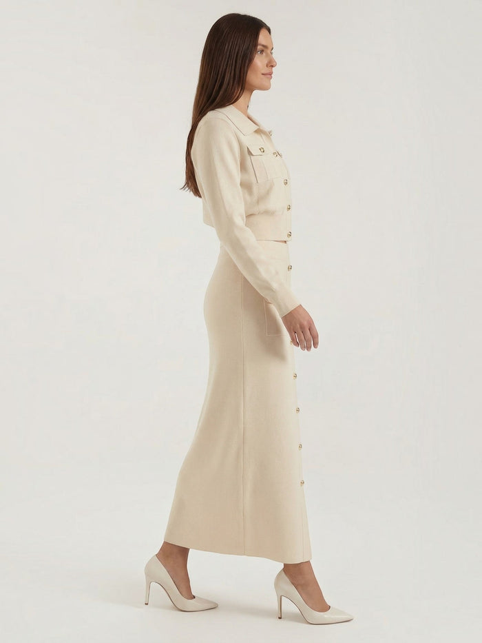 Evelyn Ensemble En Maille Avec Veste Et Jupe Longue