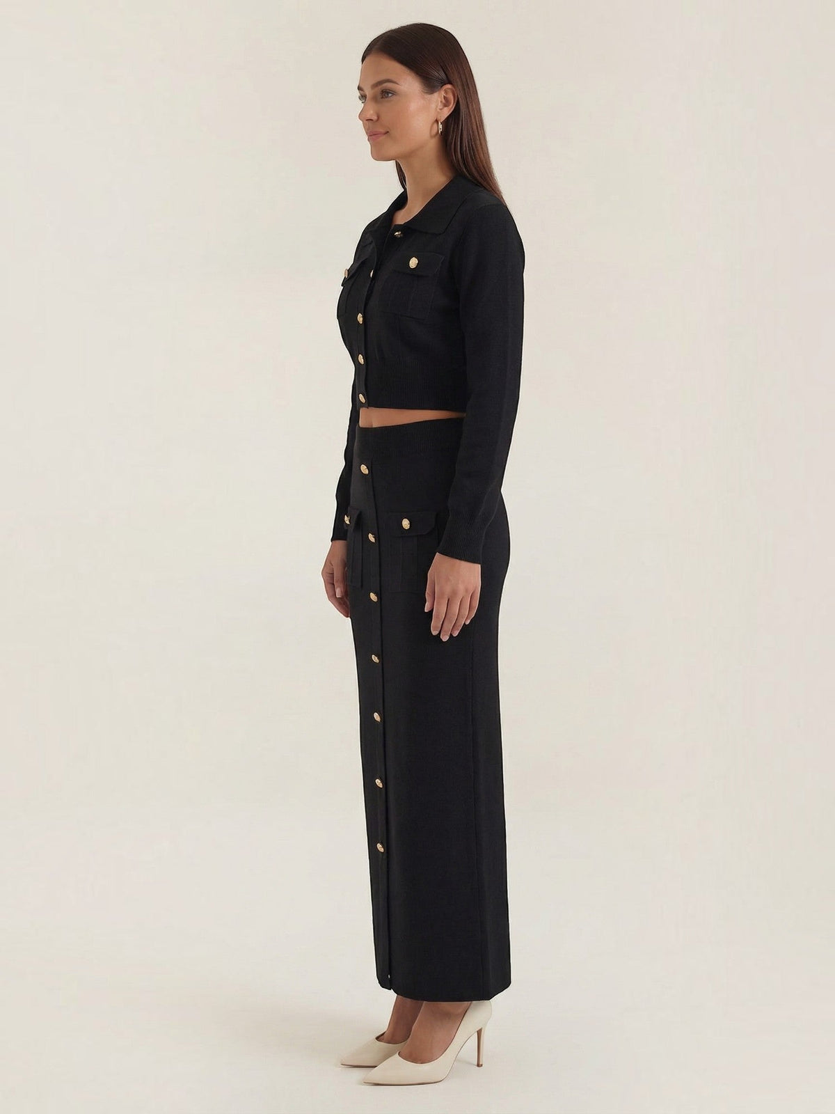 Evelyn Ensemble En Maille Avec Veste Et Jupe Longue