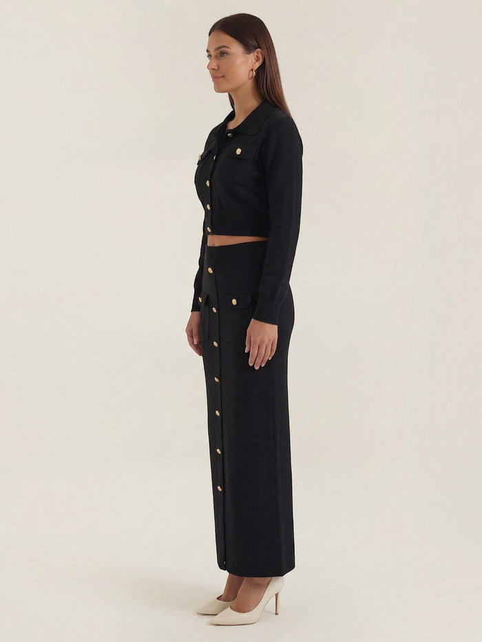Evelyn Ensemble En Maille Avec Veste Et Jupe Longue