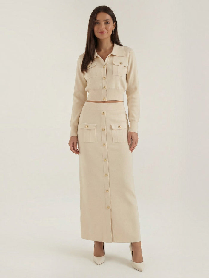 Evelyn Ensemble En Maille Avec Veste Et Jupe Longue