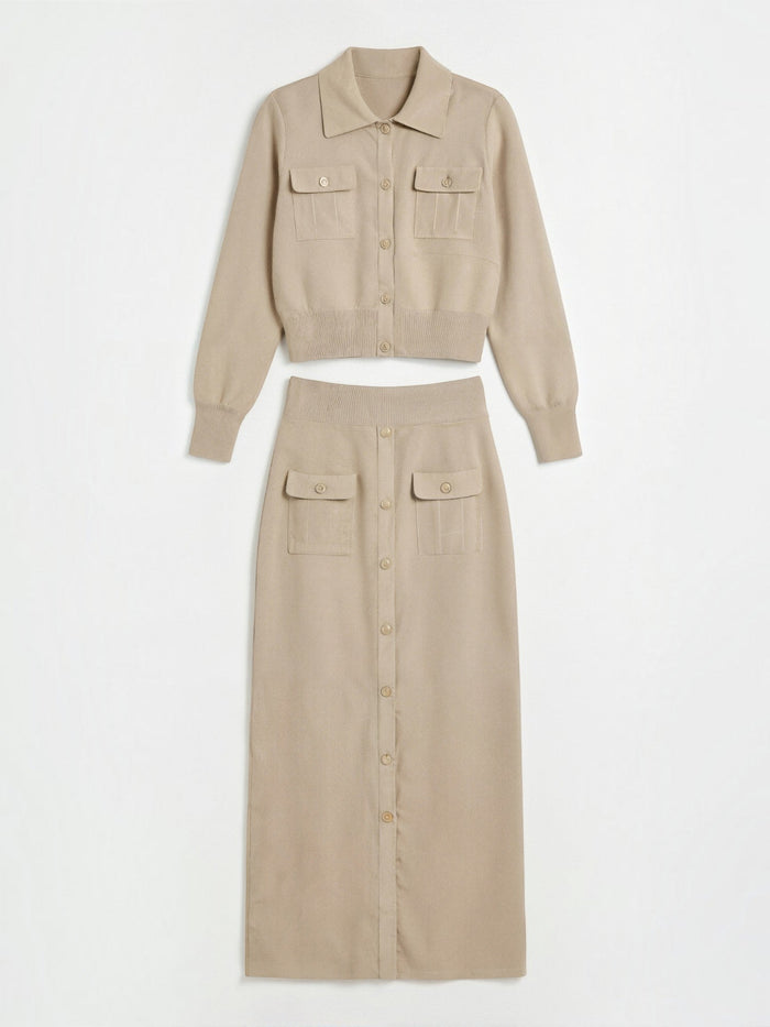 Evelyn Ensemble En Maille Avec Veste Et Jupe Longue