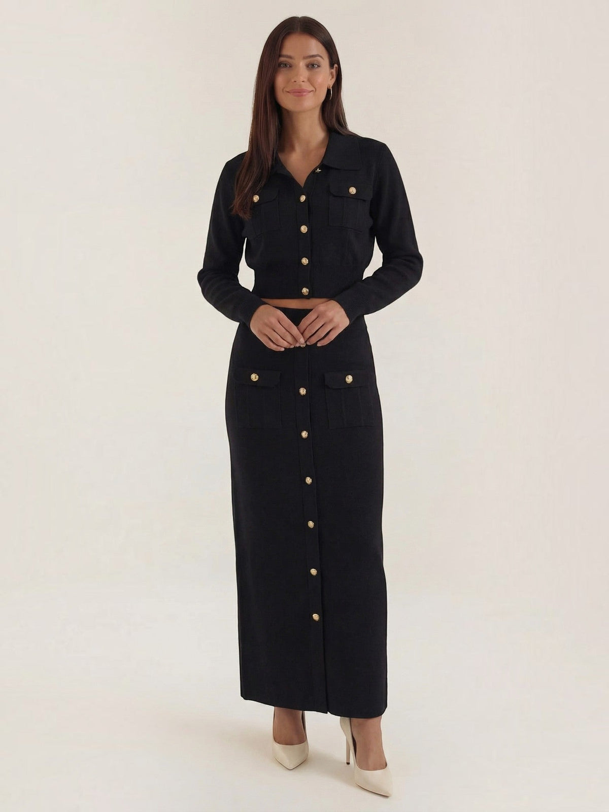 Evelyn Ensemble En Maille Avec Veste Et Jupe Longue