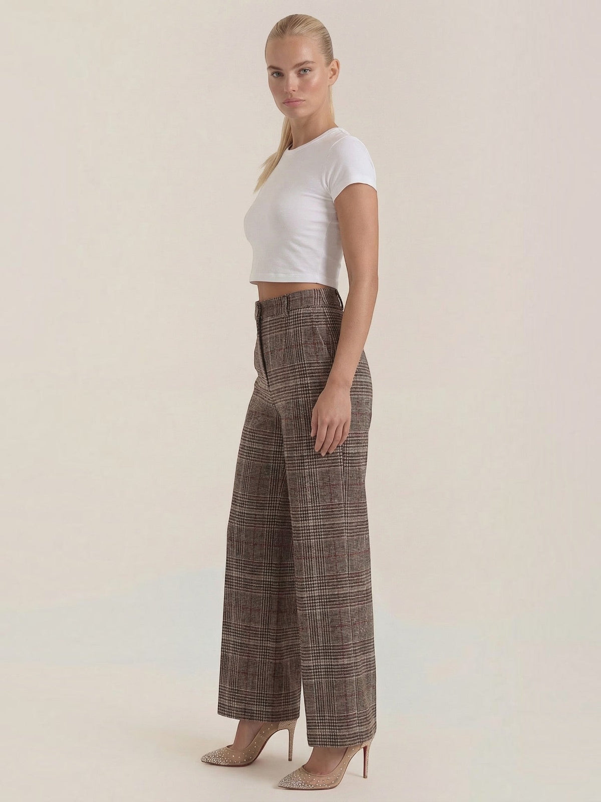 Leigh Pantalon Taille Haute À Jambe Large À Carreaux