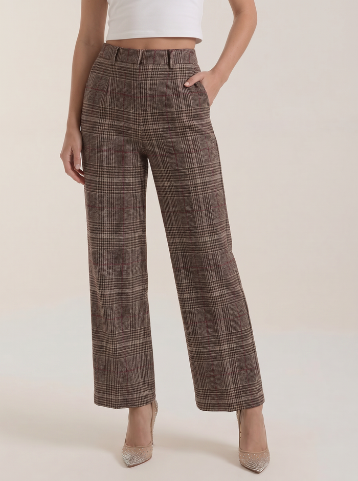 Leigh Pantalon Taille Haute À Jambe Large À Carreaux