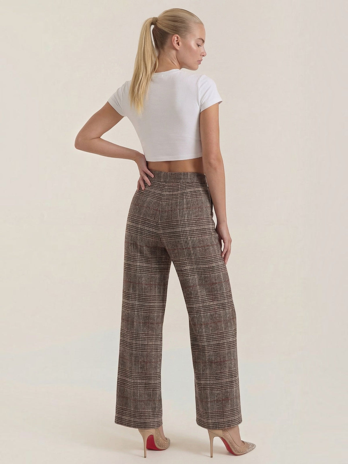 Leigh Pantalon Taille Haute À Jambe Large À Carreaux