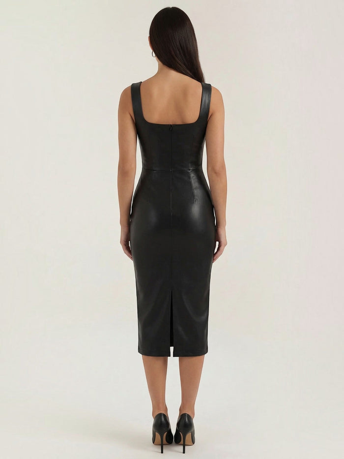 Yvonne Robe Midi Près Du Corps En Similicuir