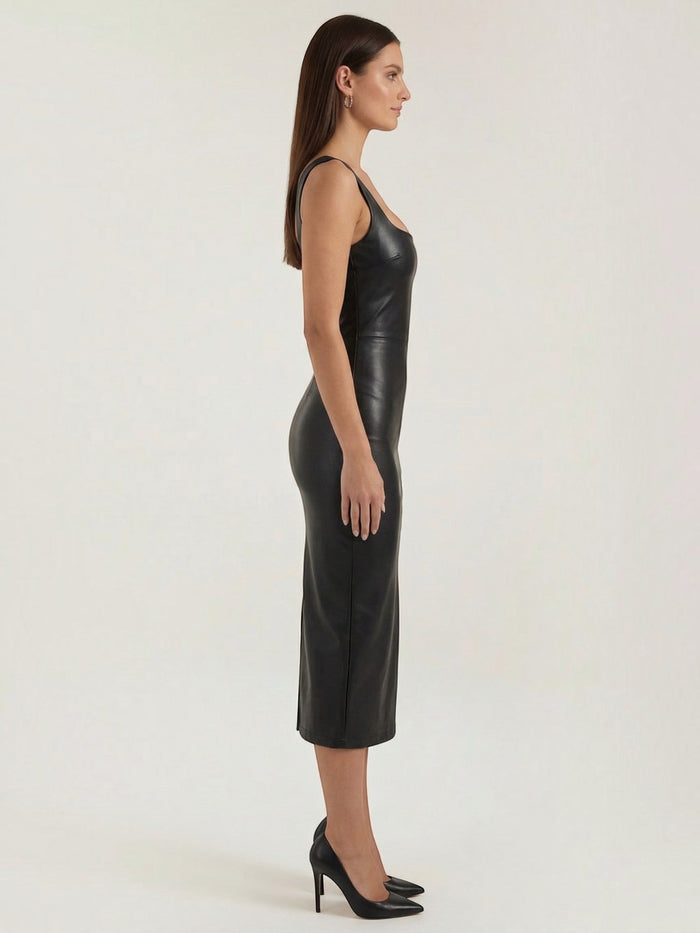 Yvonne Robe Midi Près Du Corps En Similicuir