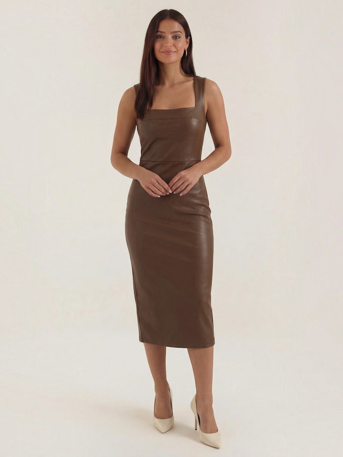 Yvonne Robe Midi Près Du Corps En Similicuir