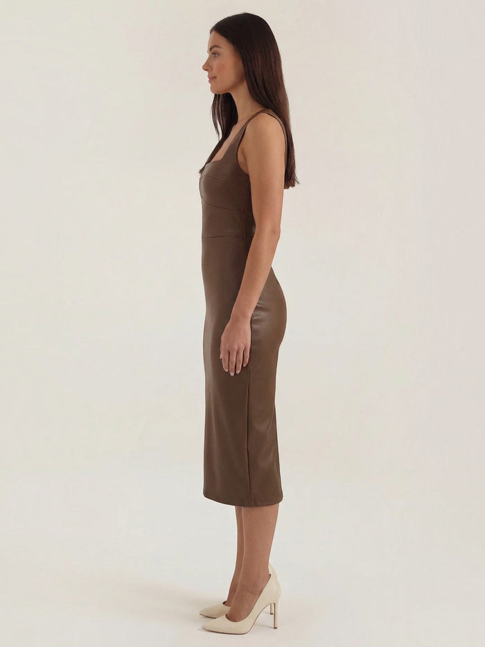 Yvonne Robe Midi Près Du Corps En Similicuir